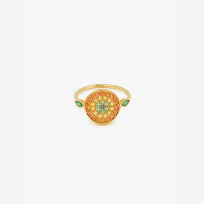 Sophie d'Agon Yellowstone 2 Cognac Ring in yellow gold, featuring cognac sapphires, yellow sapphires, navy blue sapphires, and emeralds
