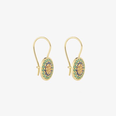 Sophie d'Agon Yellowstone 3 Green Earrings in yellow gold, featuring emeralds, navy blue sapphires, cognac sapphires, and a yellow sapphire.