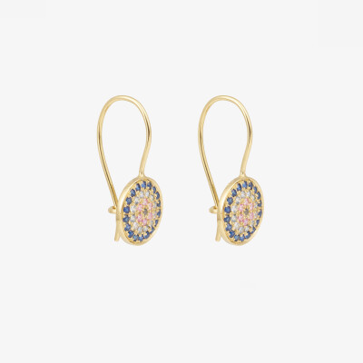 Sophie d'Agon Yellowstone 3 Blue Earrings in yellow gold, featuring navy blue sapphires, sky blue sapphires, and pink sapphires.