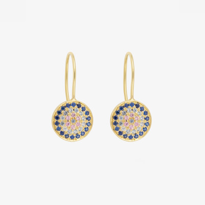 Sophie d'Agon Yellowstone 3 Blue Earrings in yellow gold, featuring navy blue sapphires, sky blue sapphires, and pink sapphires.