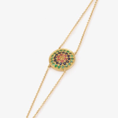 Sophie d'Agon Yellowstone 1 Green Bracelet in yellow gold, with emeralds, navy blue sapphires, cognac sapphires, and a yellow sapphire