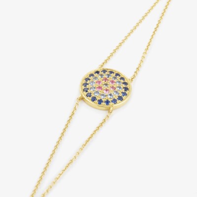 Sophie d'Agon Yellowstone 1 Blue bracelet in yellow gold, featuring navy blue sapphires, sky blue sapphires, and pink sapphires.