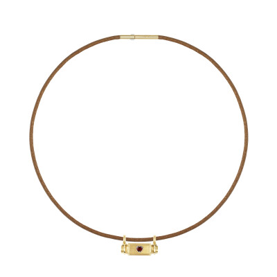 Marie Lichtenberg Smash Locket Heart Necklace in yellow gold and garnet on a 44cm leather cord