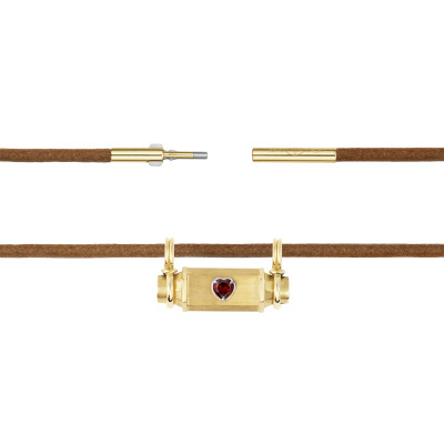Marie Lichtenberg Smash Locket Heart Necklace in yellow gold and garnet on a 44cm leather cord