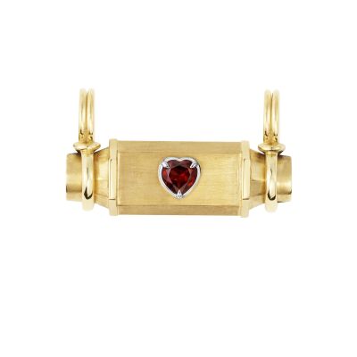 Marie Lichtenberg Smash Locket Heart Necklace in yellow gold and garnet on a 44cm leather cord