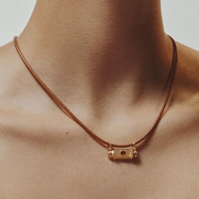Marie Lichtenberg Smash Locket Heart Necklace in yellow gold and garnet on a 44cm leather cord