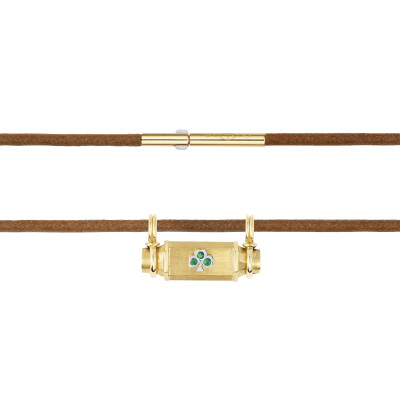 Marie Lichtenberg Smash Locket Clover Necklace in yellow gold and emerald on a 44cm micro lasso chain