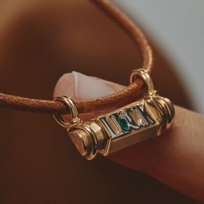 Marie Lichtenberg Smash Locket Luck Necklace in yellow gold and emerald on a 44cm micro lasso chain