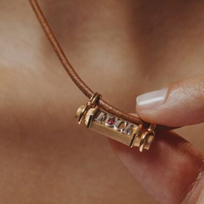 Marie Lichtenberg Smash Locket Fuck Necklace in yellow gold and emerald on a 44cm micro lasso chain