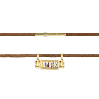Marie Lichtenberg Smash Locket Fuck Necklace in yellow gold and emerald on a 44cm micro lasso chain