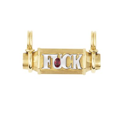 Marie Lichtenberg Smash Locket Fuck Necklace in yellow gold and emerald on a 44cm micro lasso chain