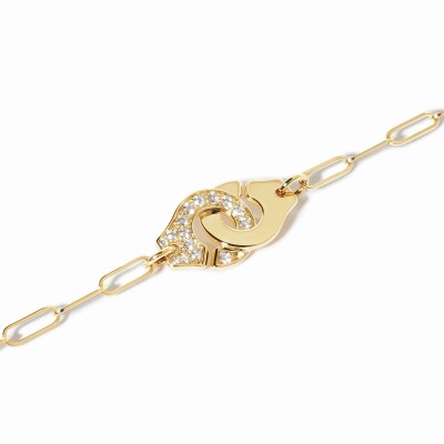 Bracelet sur chaine dinh van semi pavée Menottes moyen modèle en or jaune et diamants
