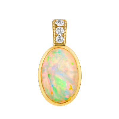 Pendentif Viltier Talisman Cabochon en or jaune, opale blanche et diamants