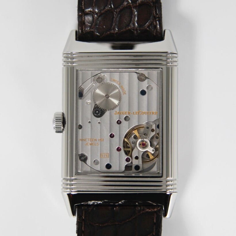 Montre Jaeger Lecoultre Grande Reverso 976 mécanique acier cadran argent bracelet alligator noir