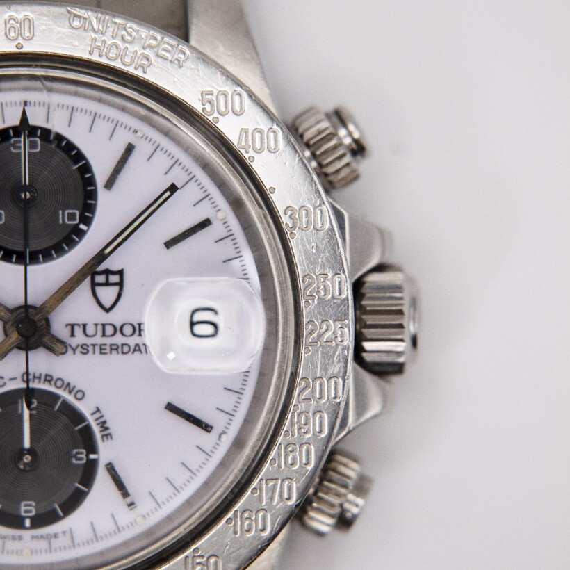 Montre Tudor Oysterdate chrono "Big Block" automatique acier cadran blanc bracelet acier 40mm