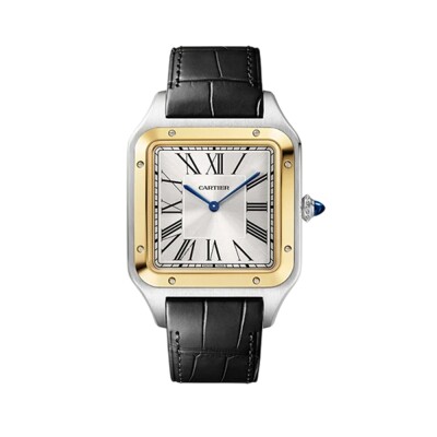 Montre Santos-Dumont Cartier Modèle extra-large, mouvement mécanique manuel, acier or jaune, cuir
