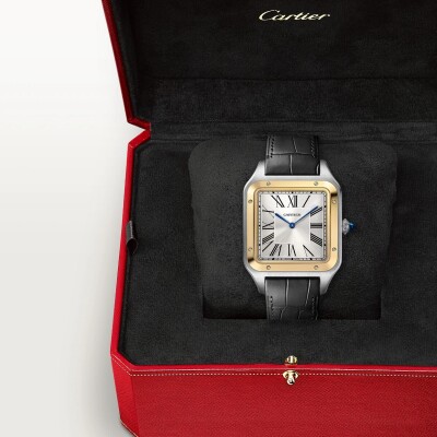 Montre Santos-Dumont Cartier Modèle extra-large, mouvement mécanique manuel, acier or jaune, cuir