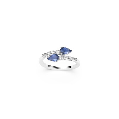 Bague Frojo Leggera Toi & Moi or gris saphirs bleus taille poire 1,01ct diamants 0,30ct GSI