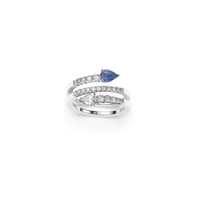 Bague Frojo Leggera double tour or blanc saphir taille poire et diamants