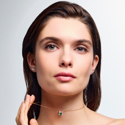 Pendentif Frojo Scala émeraude coussin, diamants, or rose