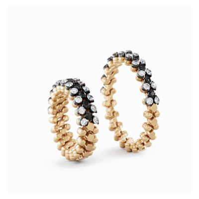 Bague 3 rangs Serafino Consoli Brevetto en or rose et blanc rhodié noir semi pavé de diamants blancs et noirs, taille ajustable