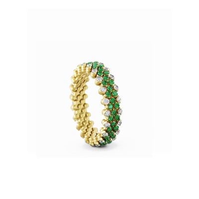 Bague 5 rangs Serafino Consoli Brevetto en or jaune full pavé de diamants et tsavorites, taille ajustable