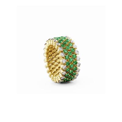 Bague 5 rangs Serafino Consoli Brevetto en or jaune full pavé de diamants et tsavorites, taille ajustable