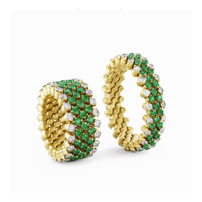 Bague 5 rangs Serafino Consoli Brevetto en or jaune full pavé de diamants et tsavorites, taille ajustable