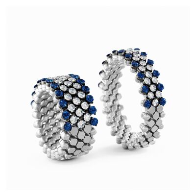 Bague 5 rangs Serafino Consoli Brevetto en or blanc semi pavé de diamants et saphirs, taille ajustable