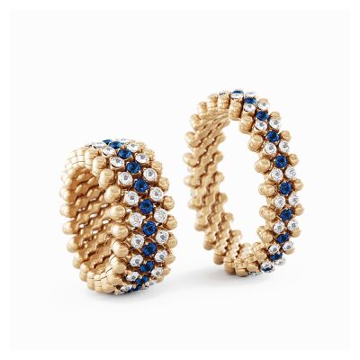 Bague 5 rangs Serafino Consoli Brevetto en or rose pavé au cenre de diamants et saphirs, taille ajustable