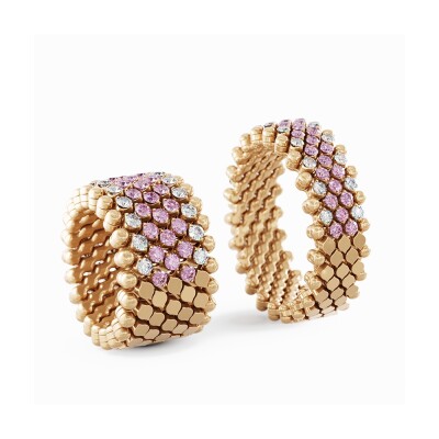 Bague 7 rangs Serafino Consoli Brevetto en or rose semi pavé au centre de diamants et saphirs, taille ajustable