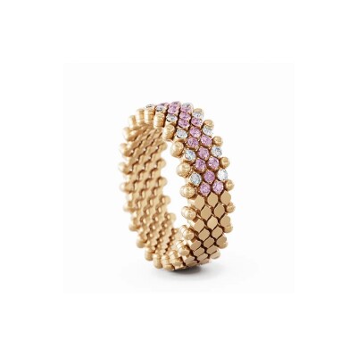 Bague 7 rangs Serafino Consoli Brevetto en or rose semi pavé au centre de diamants et saphirs, taille ajustable