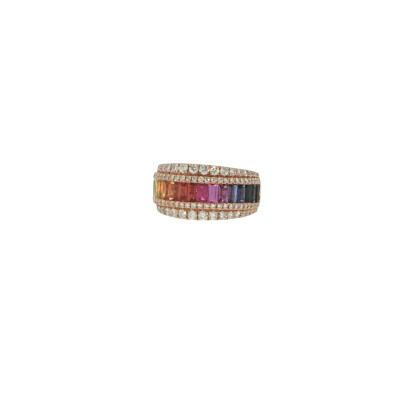 Bague Frojo en or rose centre arc en ciel saphirs et demi pavage diamant