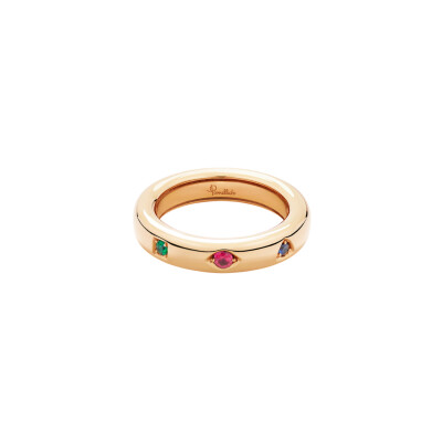 Bague Pomellato Iconica Extra Slim en or rose, rubis, saphir et émeraude