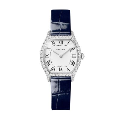 Montre Cartier Tortue Petit modèle, mouvement quartz, or gris, diamants, cuir