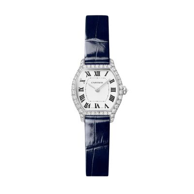 Montre Cartier Tortue Mini modèle, mouvement quartz, or gris, diamants, cuir