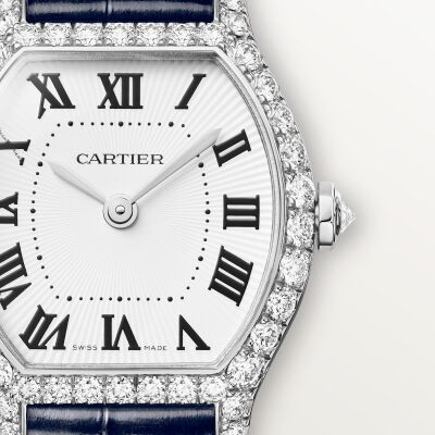 Montre Cartier Tortue Mini modèle, mouvement quartz, or gris, diamants, cuir