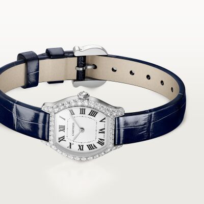 Montre Cartier Tortue Mini modèle, mouvement quartz, or gris, diamants, cuir