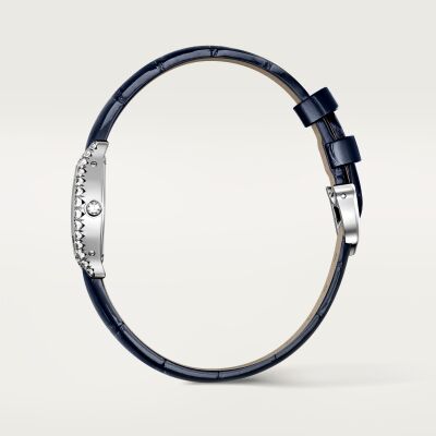 Montre Cartier Tortue Mini modèle, mouvement quartz, or gris, diamants, cuir