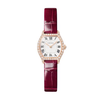 Montre Cartier Tortue Mini modèle, mouvement quartz, or rose, diamants, cuir