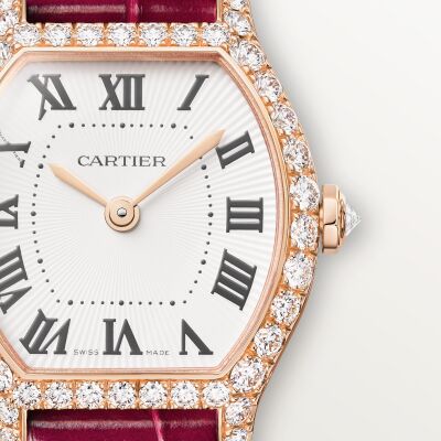 Montre Cartier Tortue Mini modèle, mouvement quartz, or rose, diamants, cuir