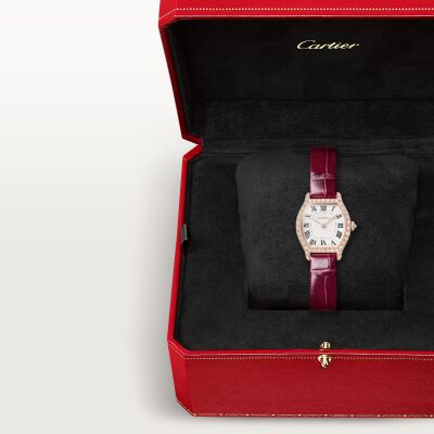 Montre Cartier Tortue Mini modèle, mouvement quartz, or rose, diamants, cuir