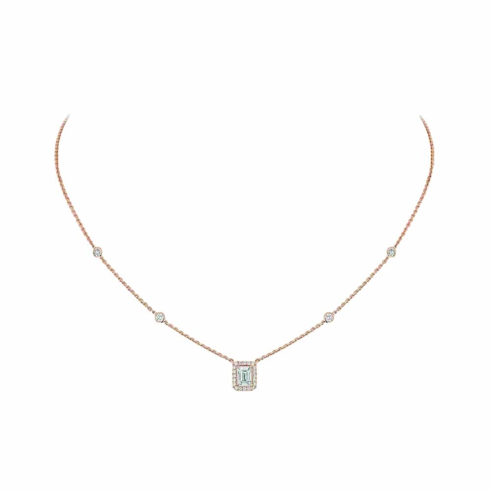 Collier Joy or rose diamant taille émeraude 0.25ct entourage diamants