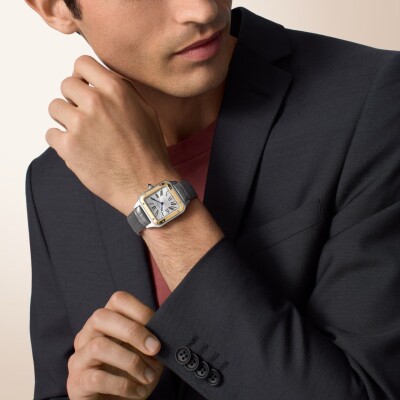 Montre Santos-Dumont, Grand modèle, mouvement quartz, or jaune, acier, cuir