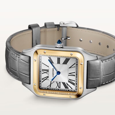 Montre Santos-Dumont, Grand modèle, mouvement quartz, or jaune, acier, cuir