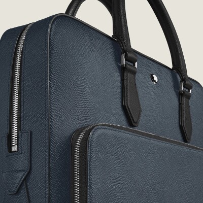 Porte-documents Montblanc moyen modèle avec poche en cuir sartorial bleu tweed