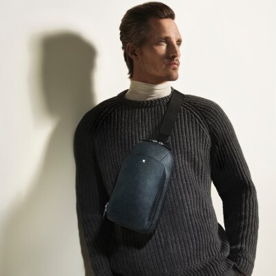 Sac On-Body Moyen modèle Montblanc en cuir Sartorial bleu tweed