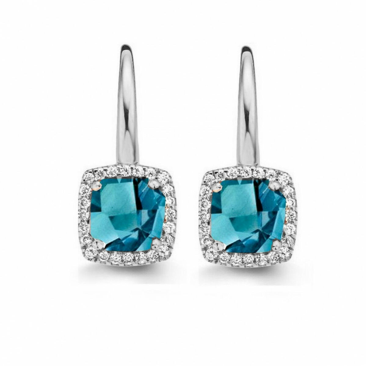 Boucles d'oreilles Etna, topaze London Blue et diamants sur or blanc 750