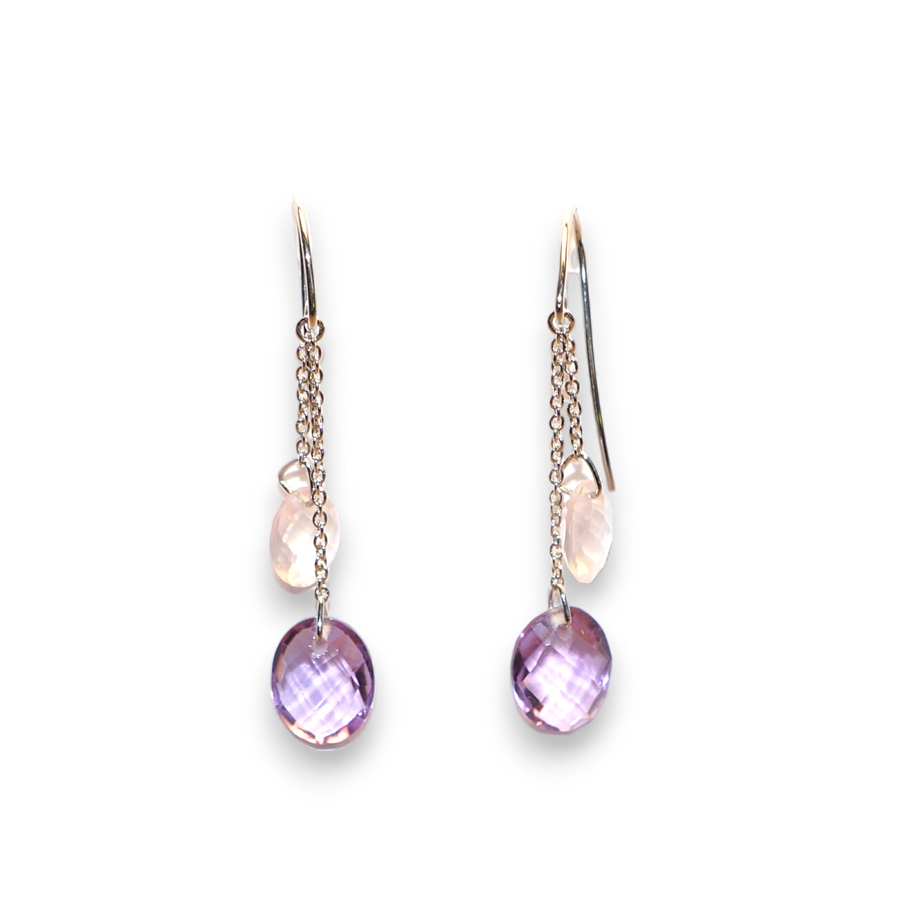 Boucles D\'oreilles Pendante Or Blanc Améthyste et Quartz Rose