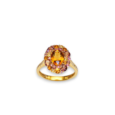 Collection Emotion, Bague Or Jaune, Citrines, Rhodolites, Saphirs Rose et Diamants